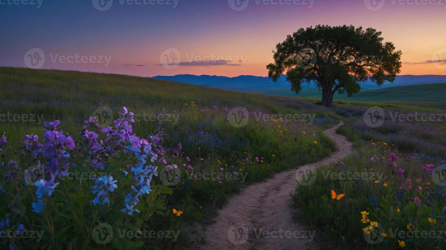 A serene landscape featuring a winding path, vibrant wildflowers, and a solitary tree at sunset. photo