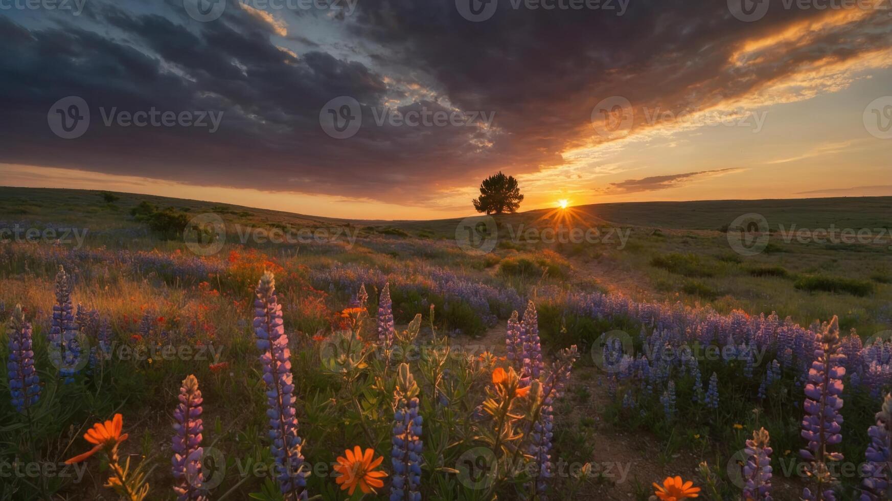 A vibrant sunset over a field of colorful wildflowers and a lone tree in the distance. photo
