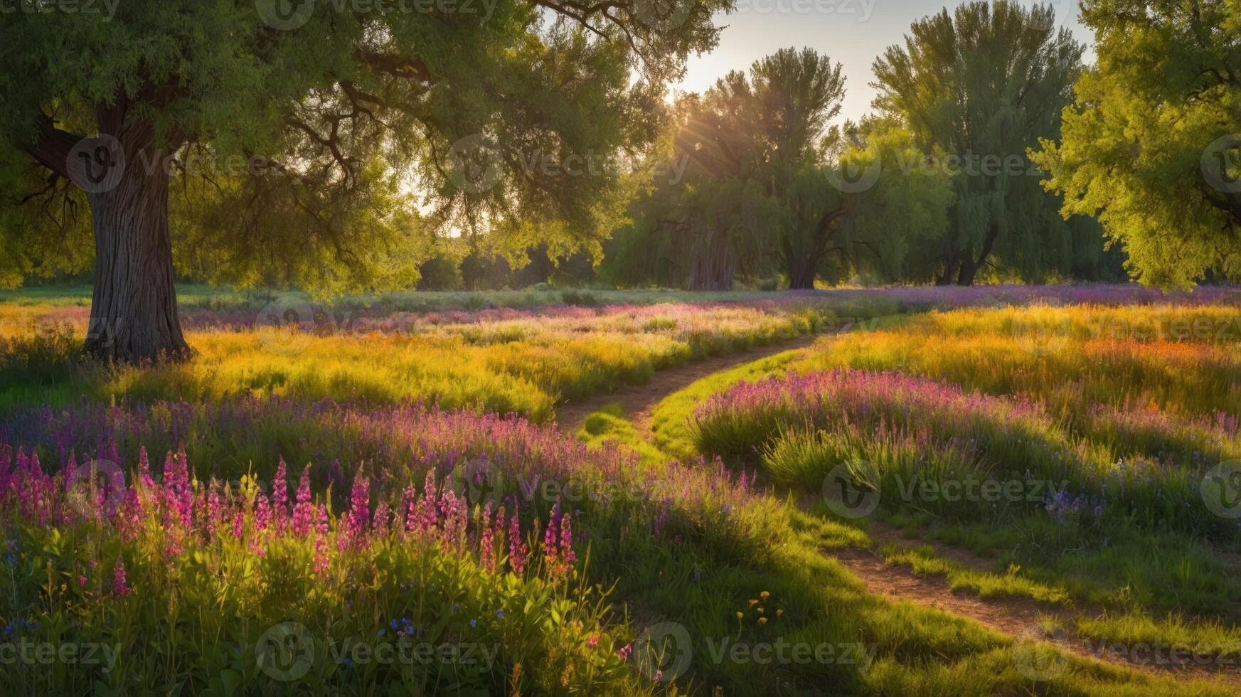 A serene landscape with a winding path through vibrant wildflowers and lush greenery. photo