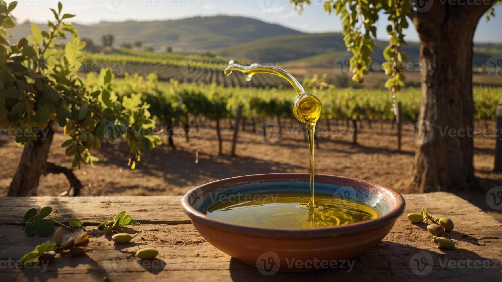 A bowl of olive oil with an olive tree backdrop in a vineyard setting. photo