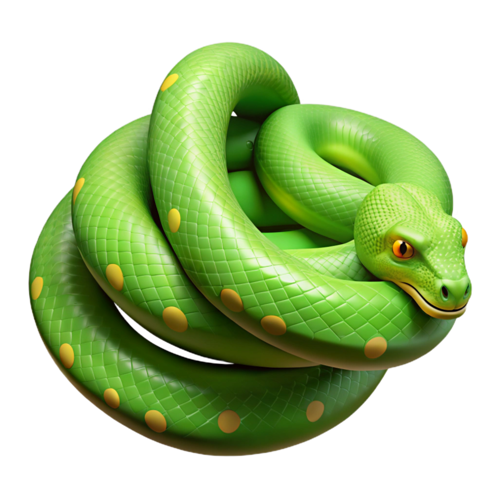 tranquil mesmerizing A slithering green tree python, coiled. NO BACKGROUND with Transparent Background. handcrafted png
