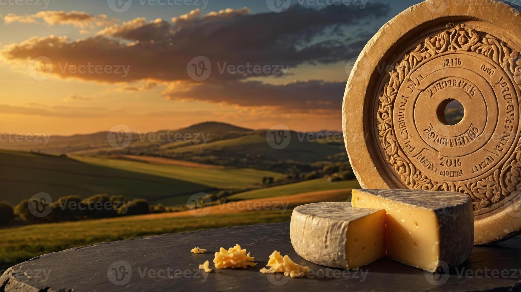 A wheel of cheese on a slate with a scenic sunset landscape in the background. photo