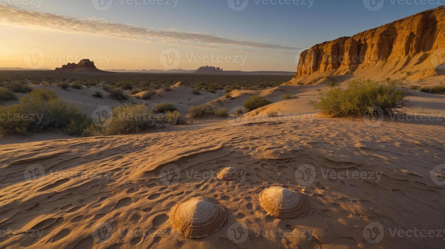 Serene desert landscape at sunset with unique rock formations and gentle vegetation. photo
