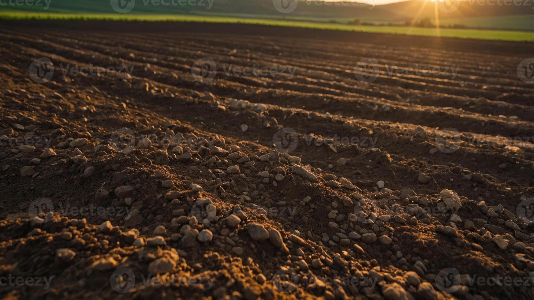A close-up view of freshly tilled soil in a field with sunlight illuminating the landscape. photo