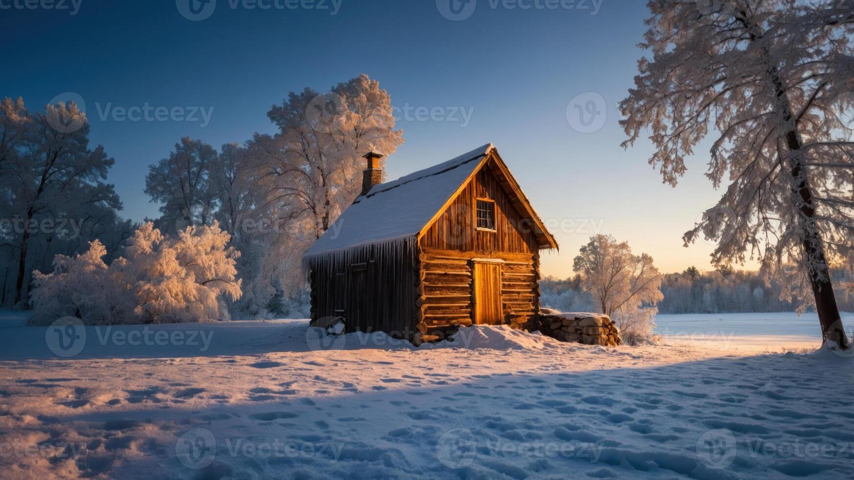 A serene winter scene featuring a rustic cabin surrounded by snow and frosted trees. photo
