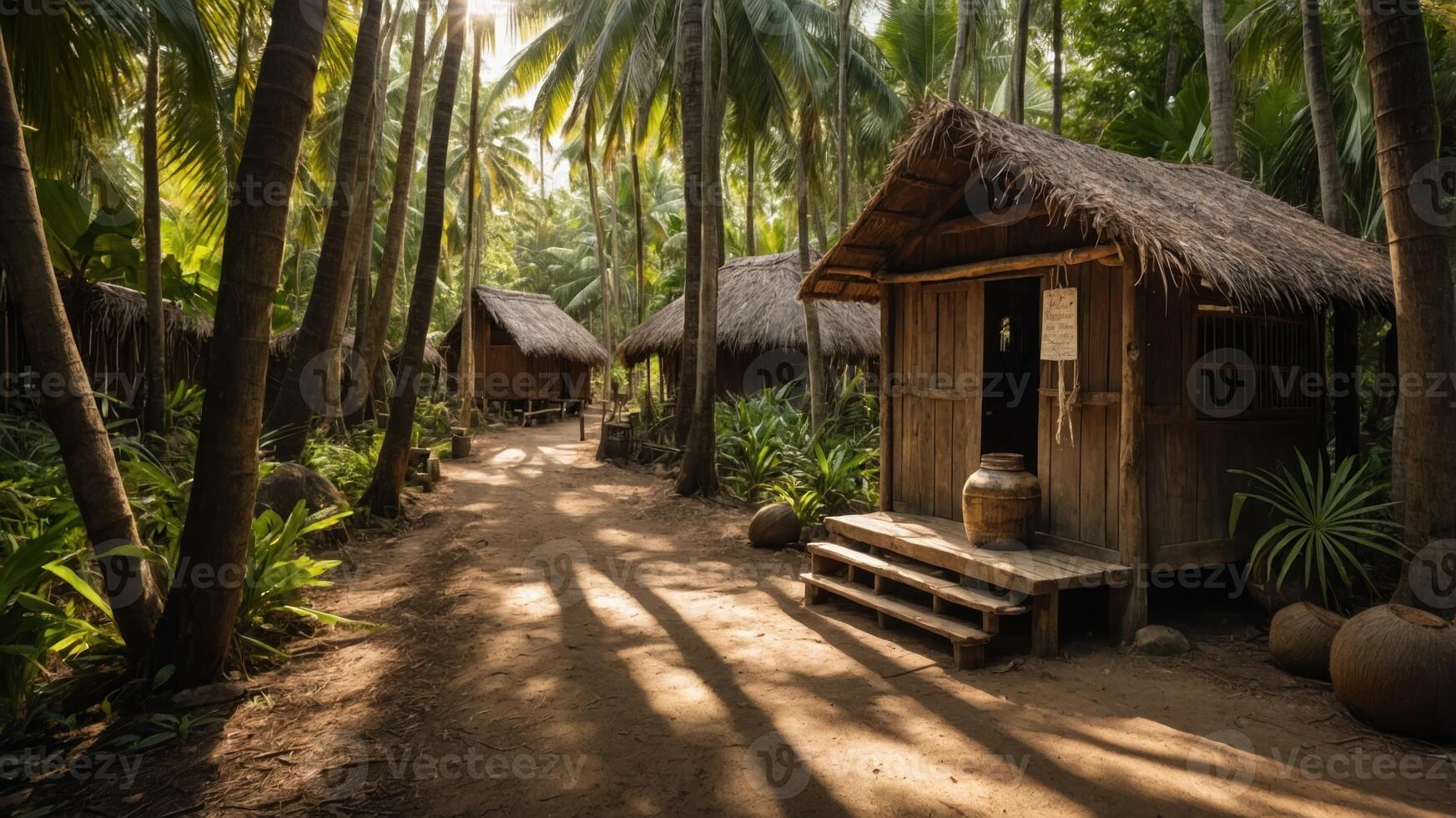 Tropical huts nestled in a lush forest, creating a serene and tranquil atmosphere. photo
