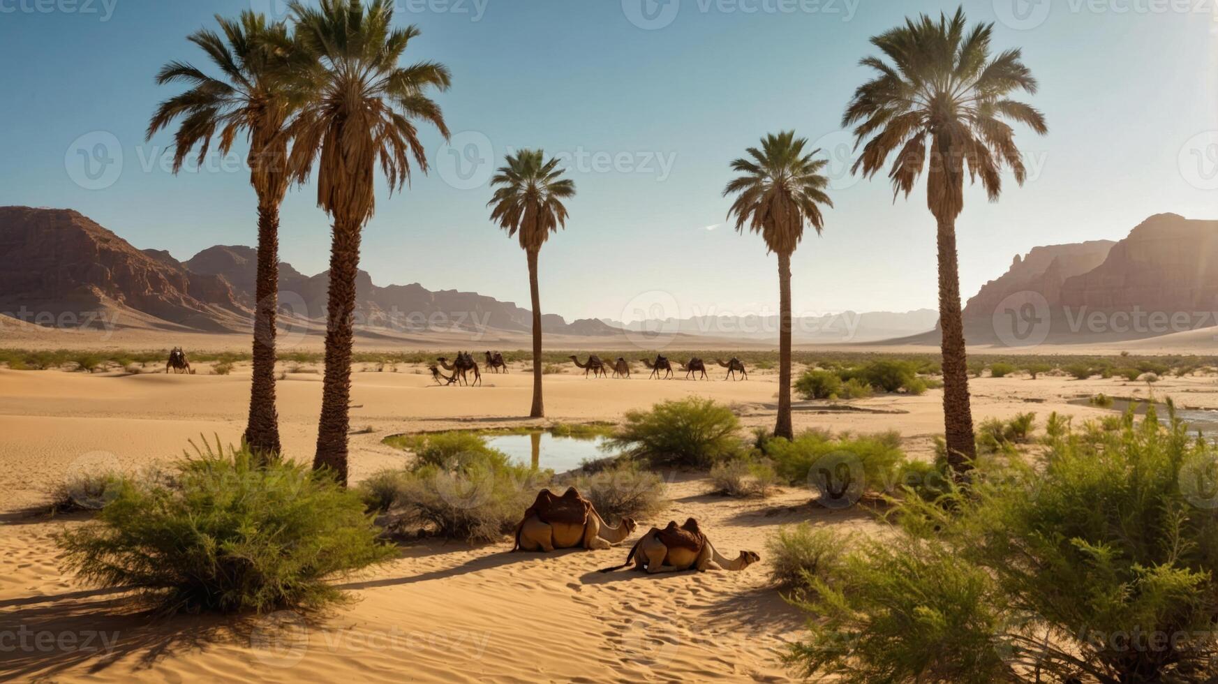 A serene desert landscape with palm trees, camels, and distant mountains under a clear sky. photo