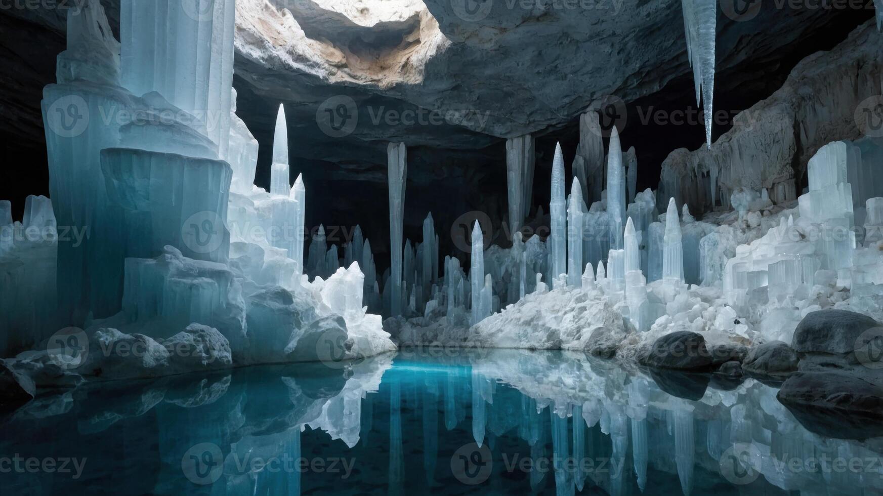 A stunning ice cave with crystalline formations and a reflective pool of water. photo