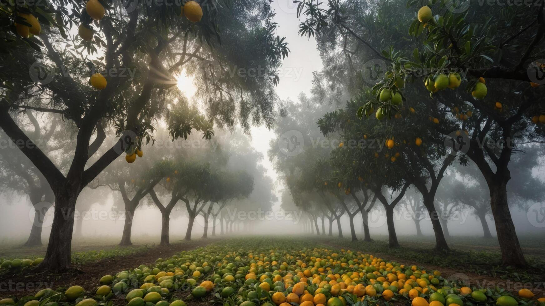 A serene orchard shrouded in morning fog, with fruits scattered on the ground. photo
