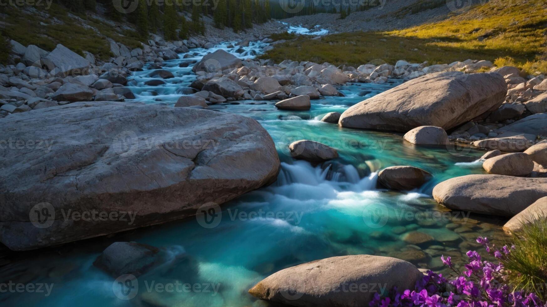 A serene river flows through rocky terrain, surrounded by lush greenery and colorful flowers. photo