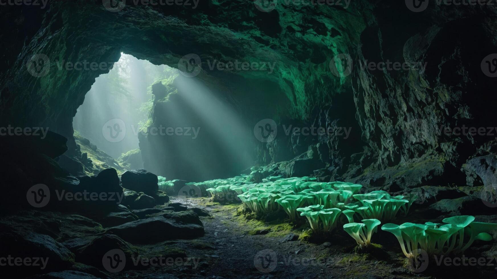 A mystical cave illuminated by beams of light, with glowing mushrooms lining the path. photo