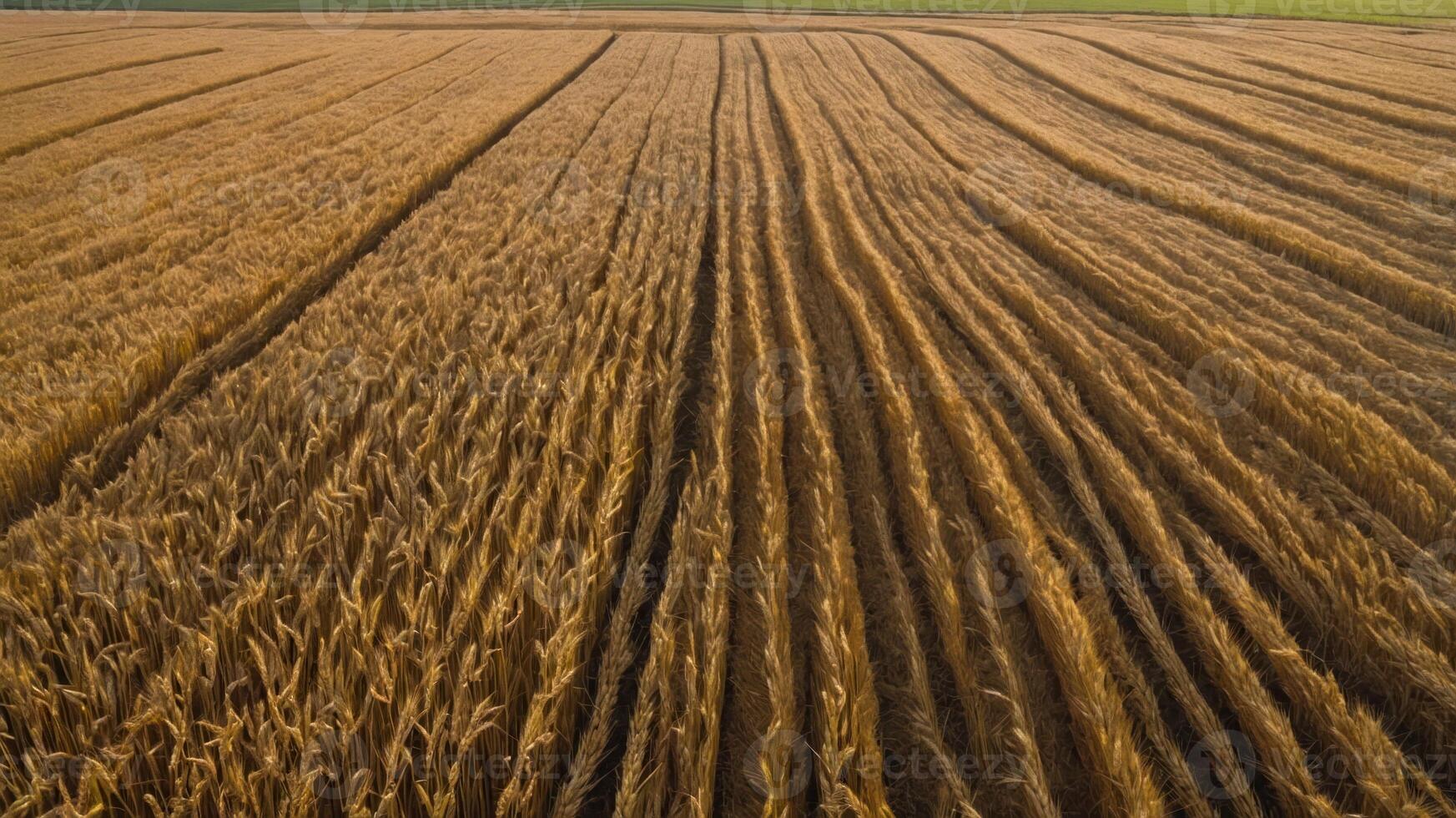 Aerial view of a golden wheat field with distinct rows and patterns. photo