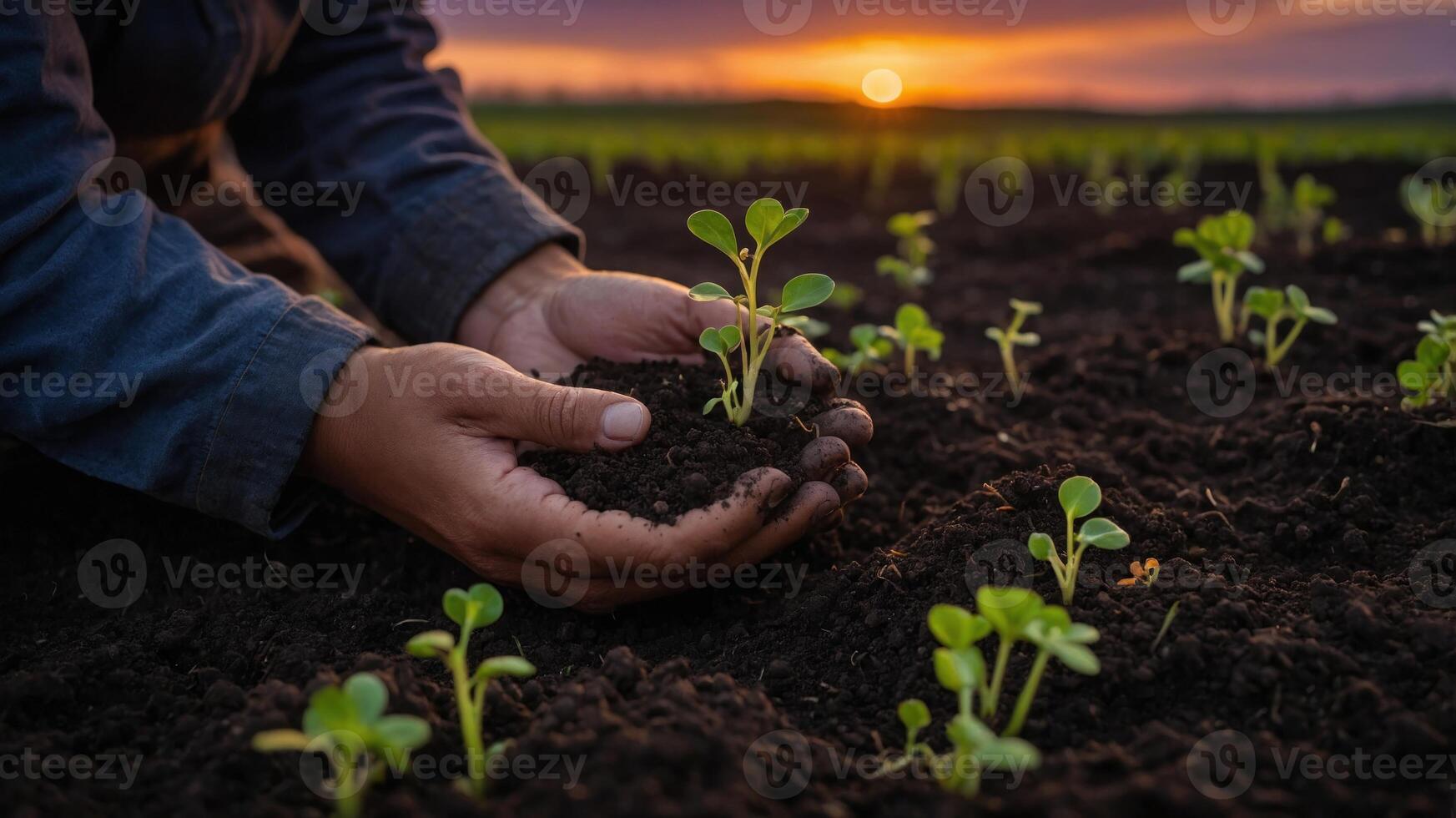 A person nurturing a young plant in rich soil during sunset, symbolizing growth and care. photo