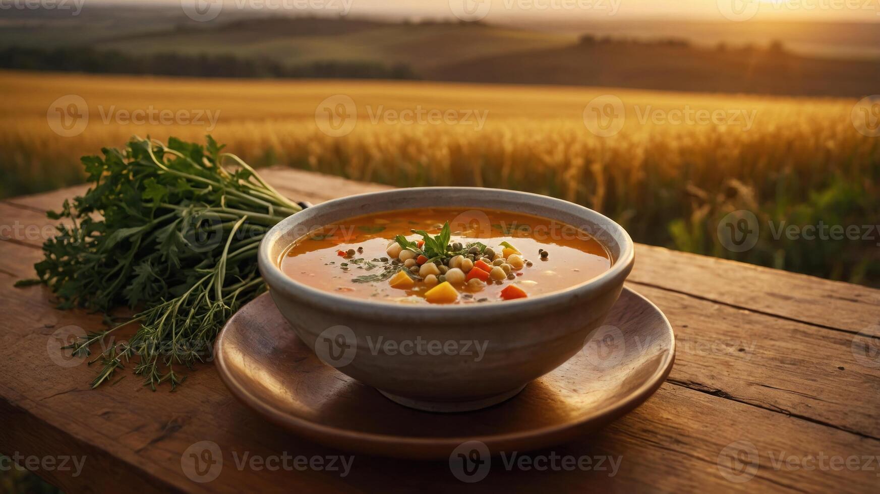 A bowl of soup on a wooden table with a scenic field in the background at sunset. photo
