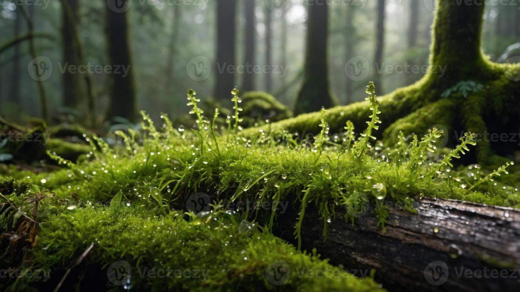 Lush green moss and droplets on a log in a misty forest setting. photo