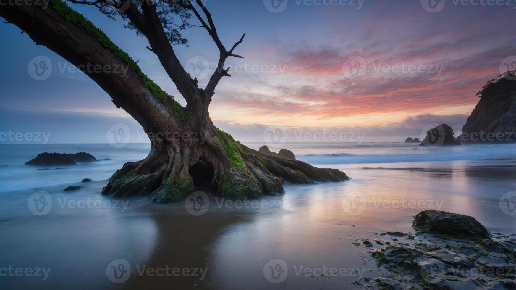 A serene beach scene featuring a twisted tree silhouetted against a colorful sunset. photo