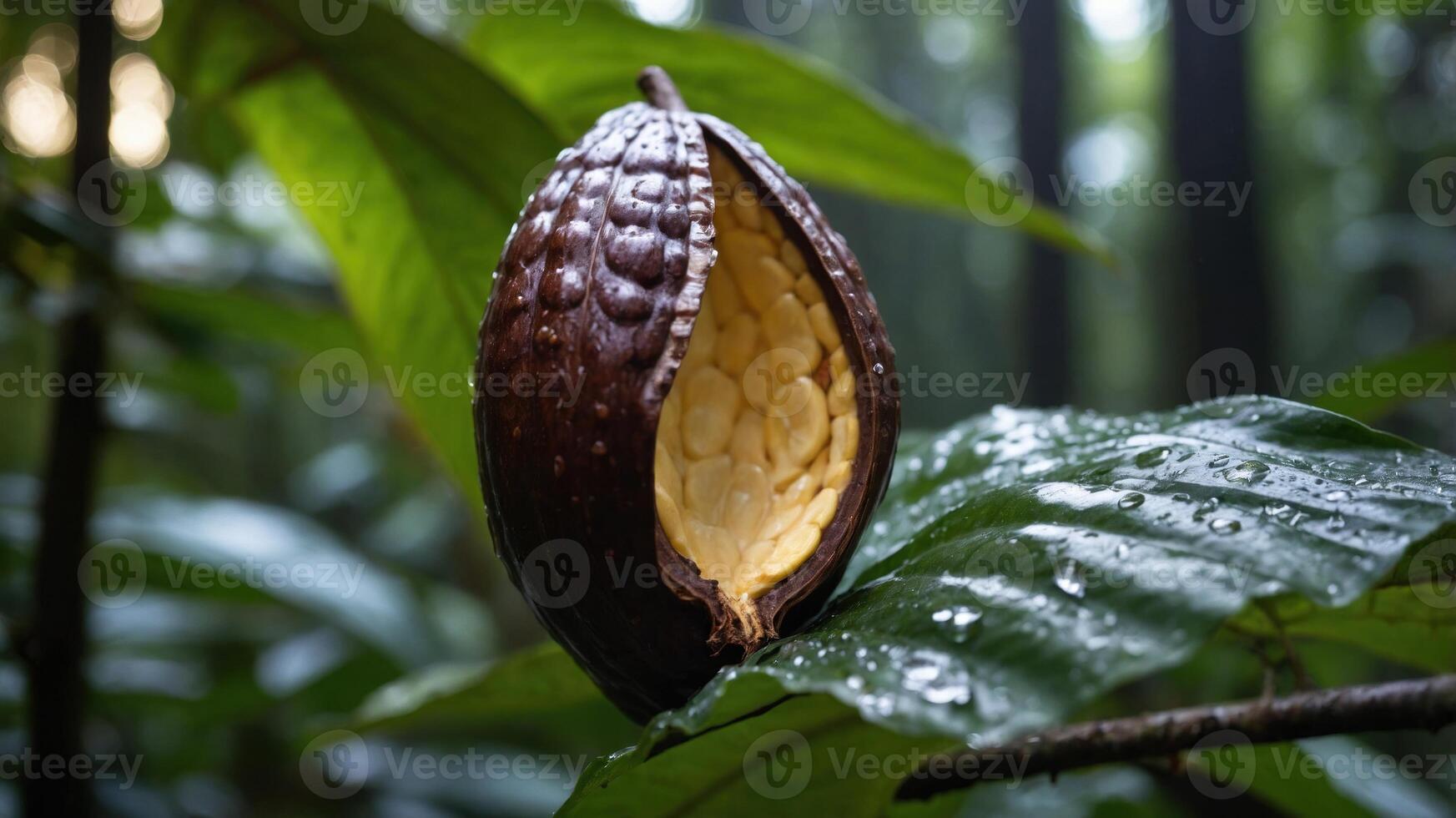 A cacao pod split open, revealing seeds, resting on a leaf in a lush forest. photo