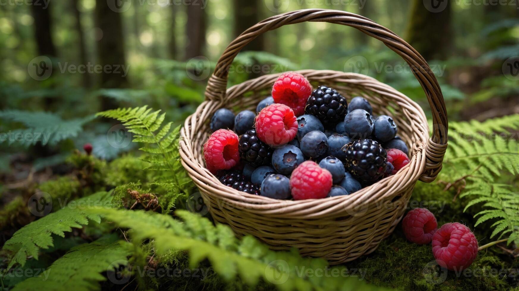 A basket filled with fresh berries resting on moss in a forest setting. photo