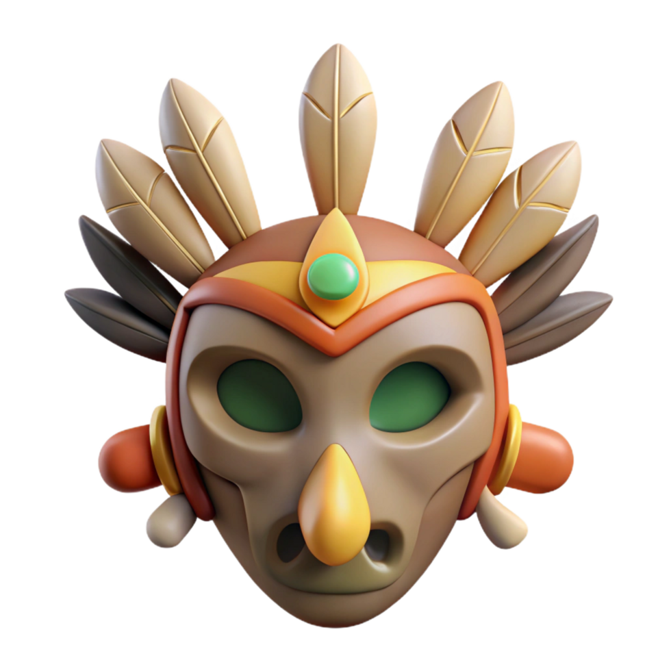 peaceful sumptuous A stylized tribal mask, with feathers and bone accents. NO BACKGROUND with Transparent Background. sharp png