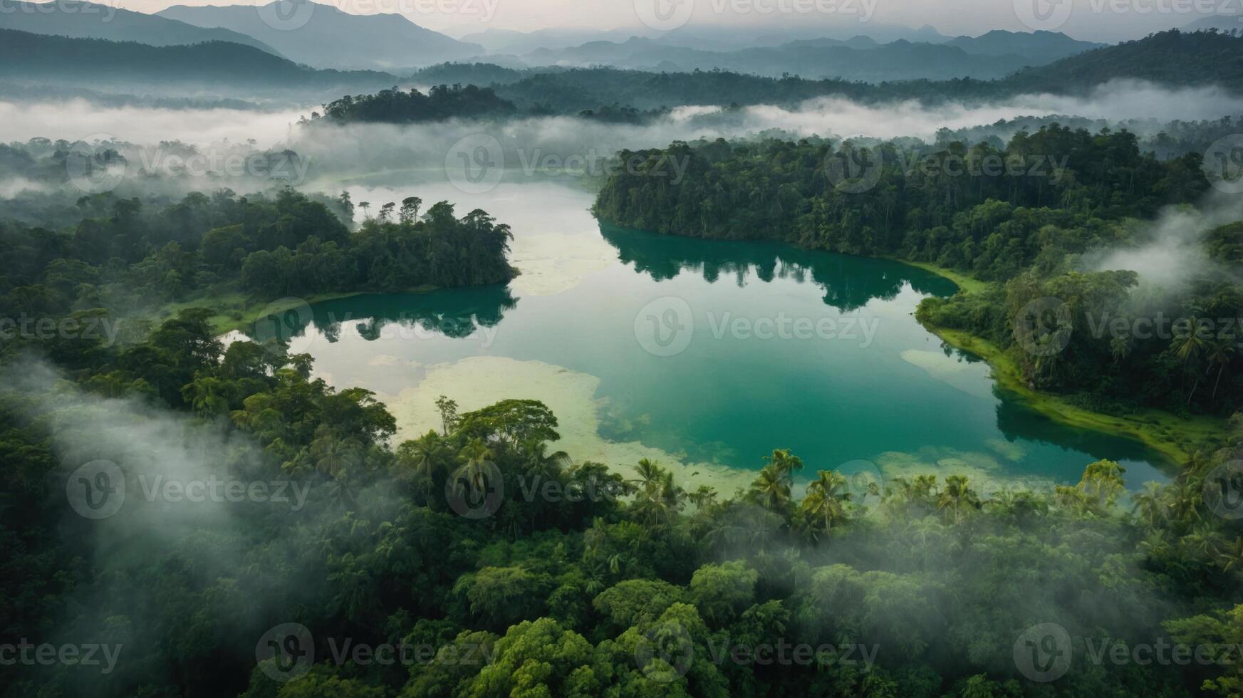 A serene aerial view of a misty lake surrounded by lush green forests. photo