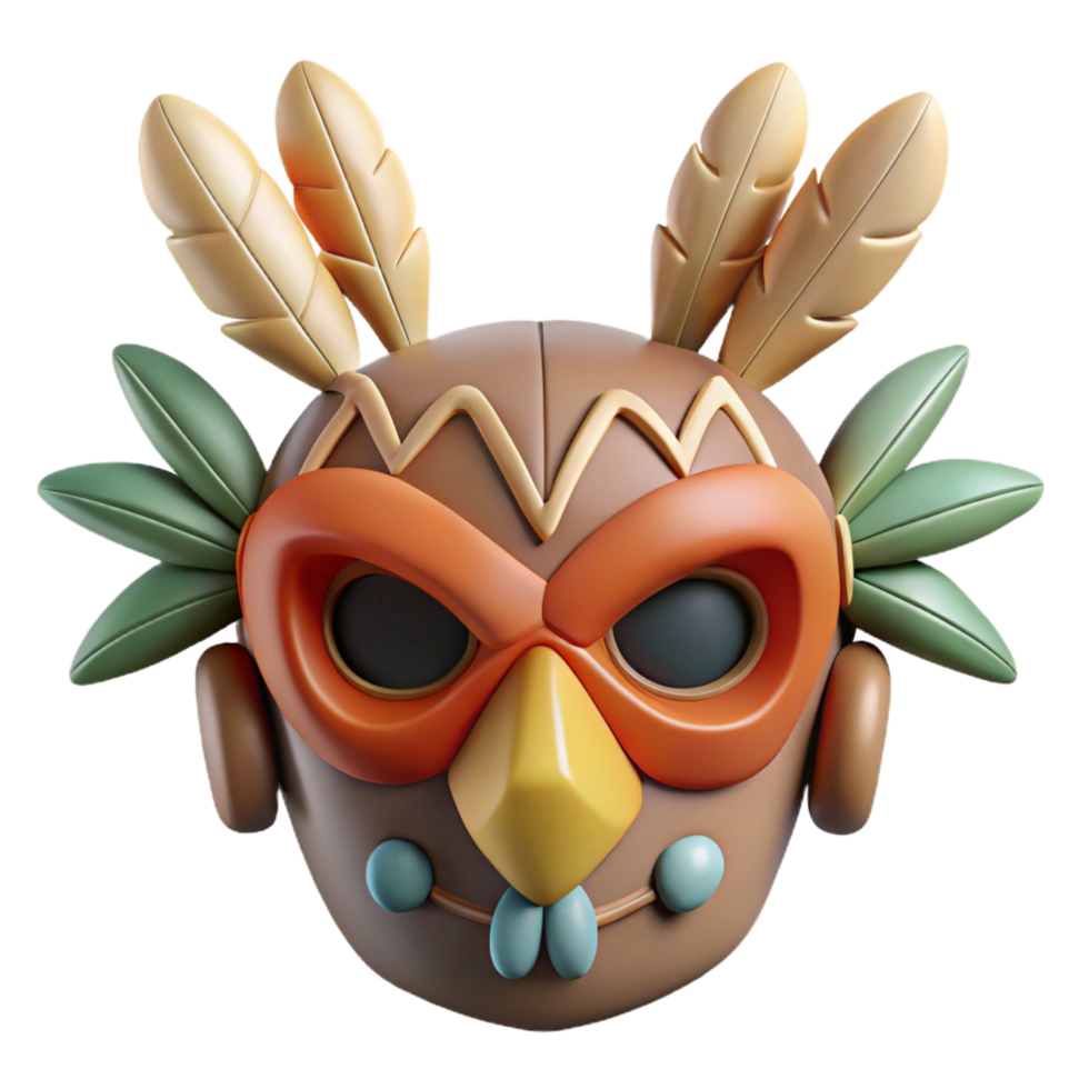 peaceful picturesque A stylized tribal mask, with feathers and bone accents. NO BACKGROUND with Transparent Background. masterfully captured png