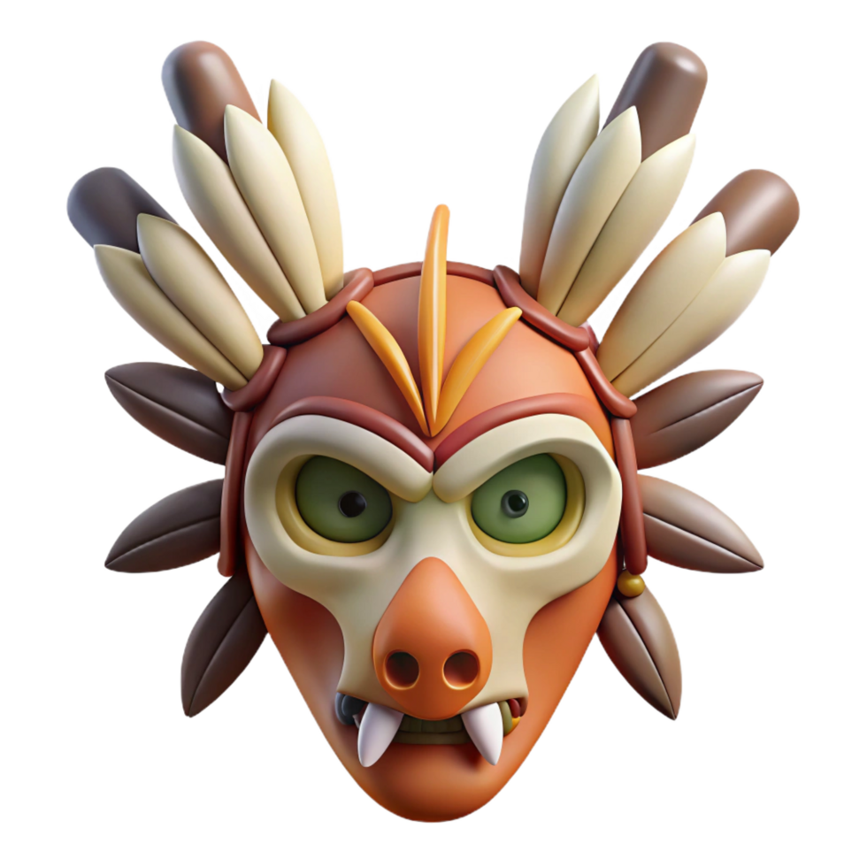 hypnotic bohemian A stylized tribal mask, with feathers and bone accents. NO BACKGROUND with Transparent Background. premium png