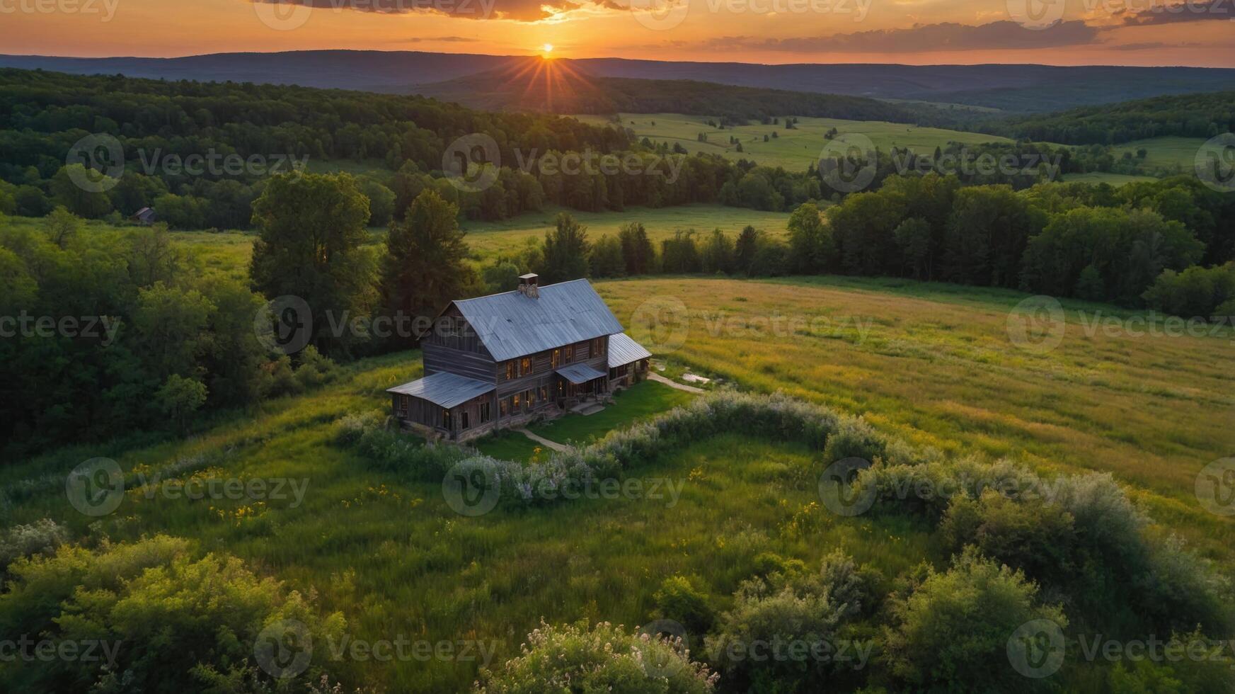 A serene sunset view of a rustic house surrounded by lush greenery and rolling hills. photo