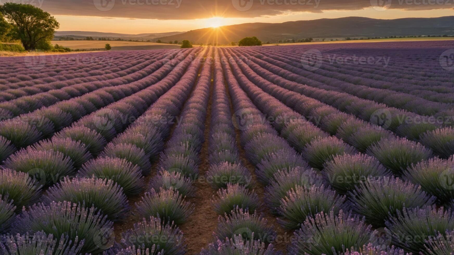 A serene lavender field at sunset, showcasing rows of vibrant purple flowers. photo