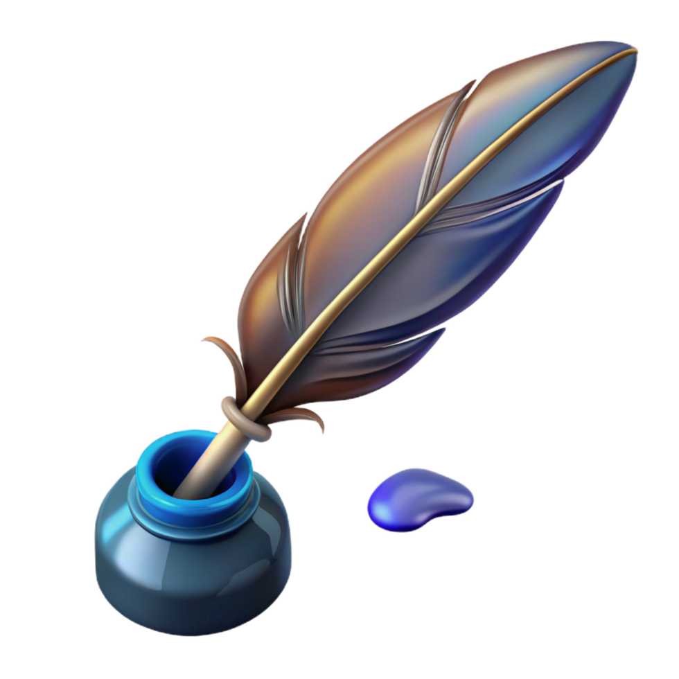 iconic minimalist A stylized, feathered quill pen, dripping with ink. NO BACKGROUND with Transparent Background. refined png