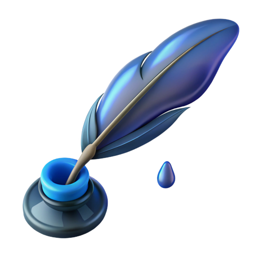 bold vibrant A stylized, feathered quill pen, dripping with ink. NO BACKGROUND with Transparent Background. artisan png