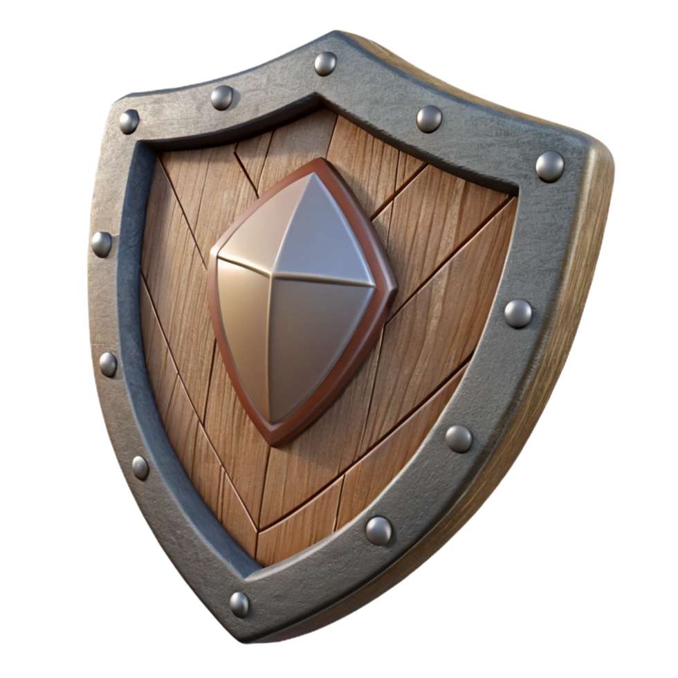 striking iconic A weathered wooden shield, emblazoned with a heraldic symbol. NO BACKGROUND with Transparent Background. png