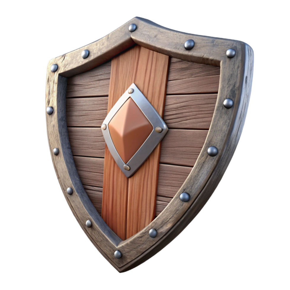 reflective splendid A weathered wooden shield, emblazoned with a heraldic symbol. NO BACKGROUND with Transparent Background. high resolution png