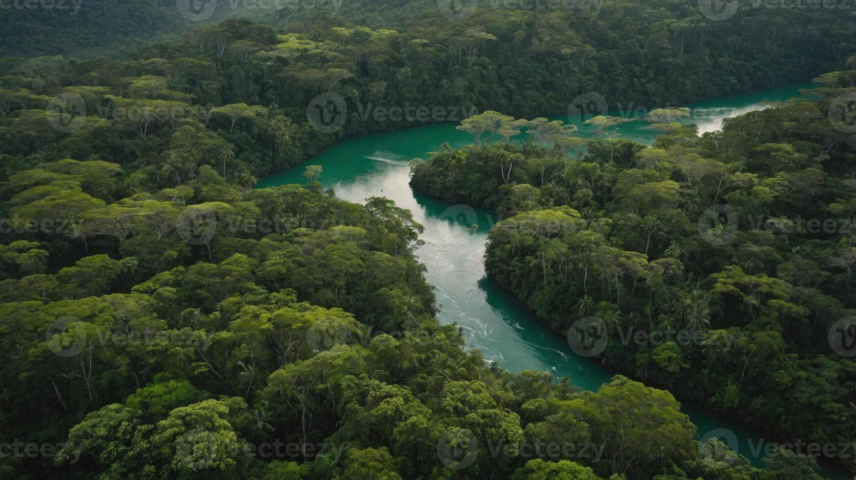 Aerial view of a winding river through lush green rainforest. photo