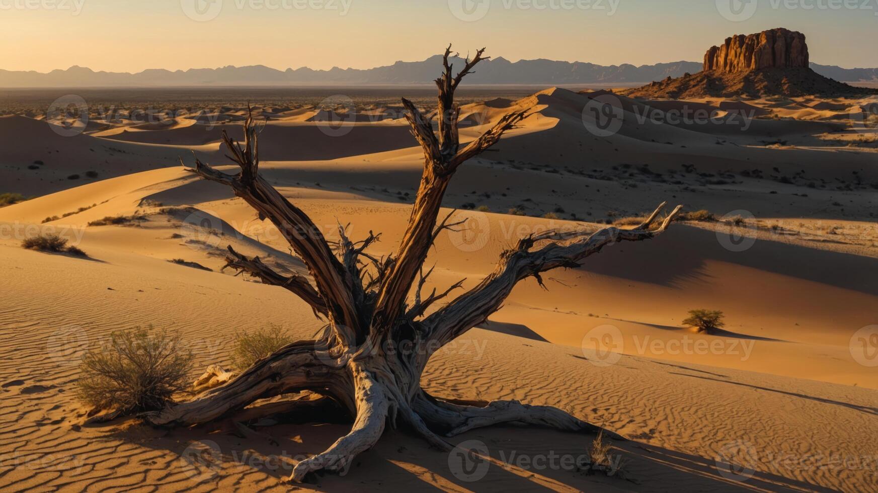 A serene desert landscape featuring a weathered tree and distant rock formations at sunset. photo