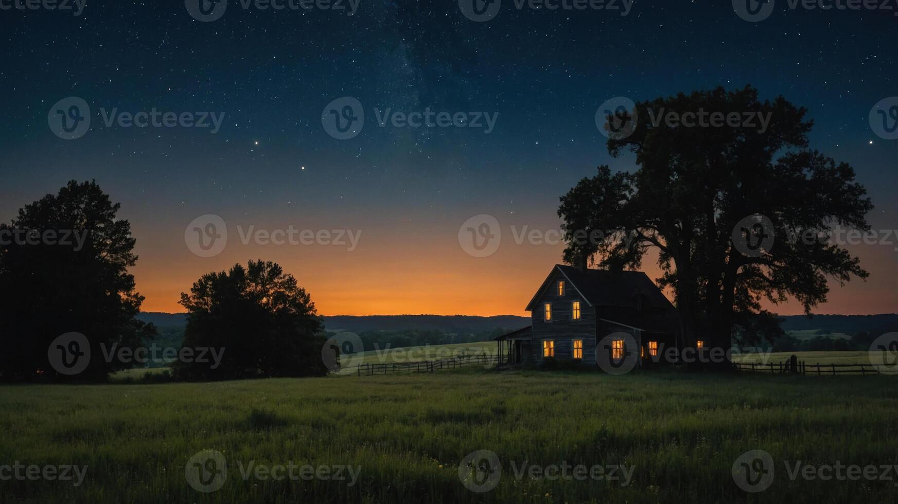A serene countryside scene at dusk, featuring a house illuminated by warm light under a starry sky. photo