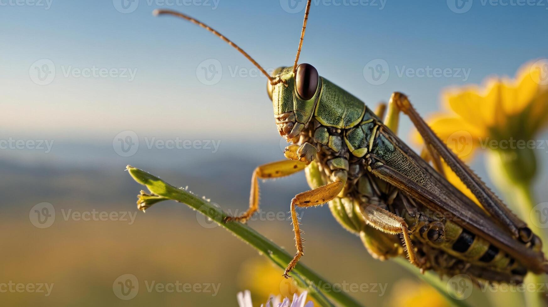 A close-up of a grasshopper perched on a green stem with flowers in the background. photo
