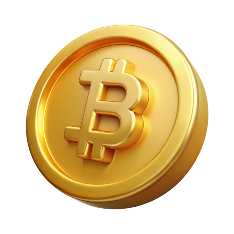 elegant organic Bitcoin, physical coin, gold finish NO BACKGROUND with Transparent Background. elite png