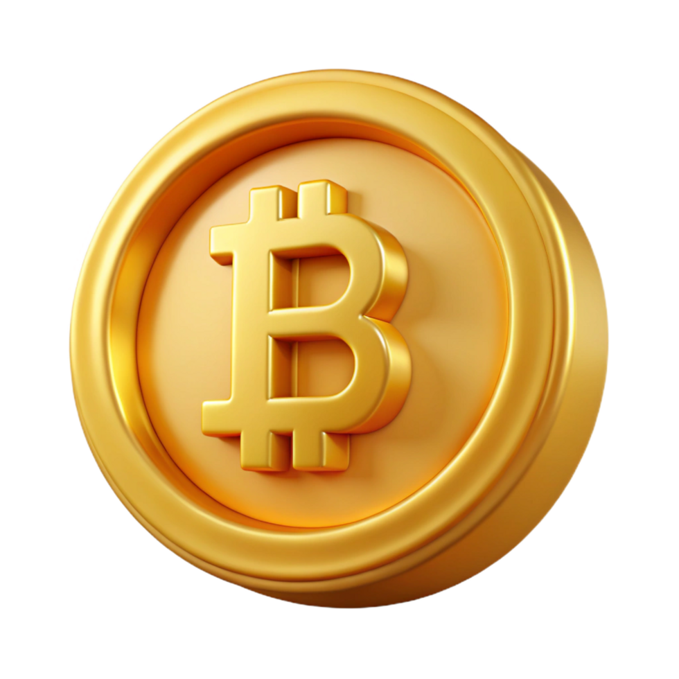 intense enchanting Bitcoin, physical coin, gold finish NO BACKGROUND with Transparent Background. premium png