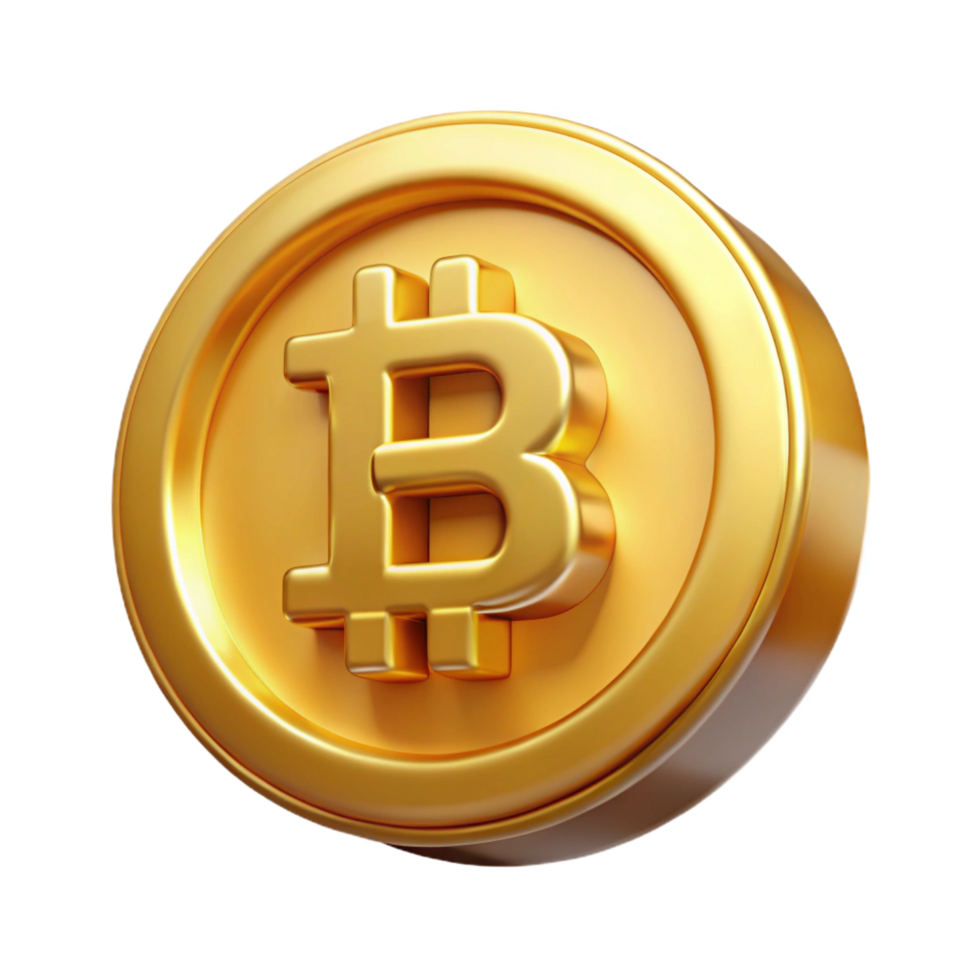 extraordinary distinguished Bitcoin, physical coin, gold finish NO BACKGROUND with Transparent Background. png