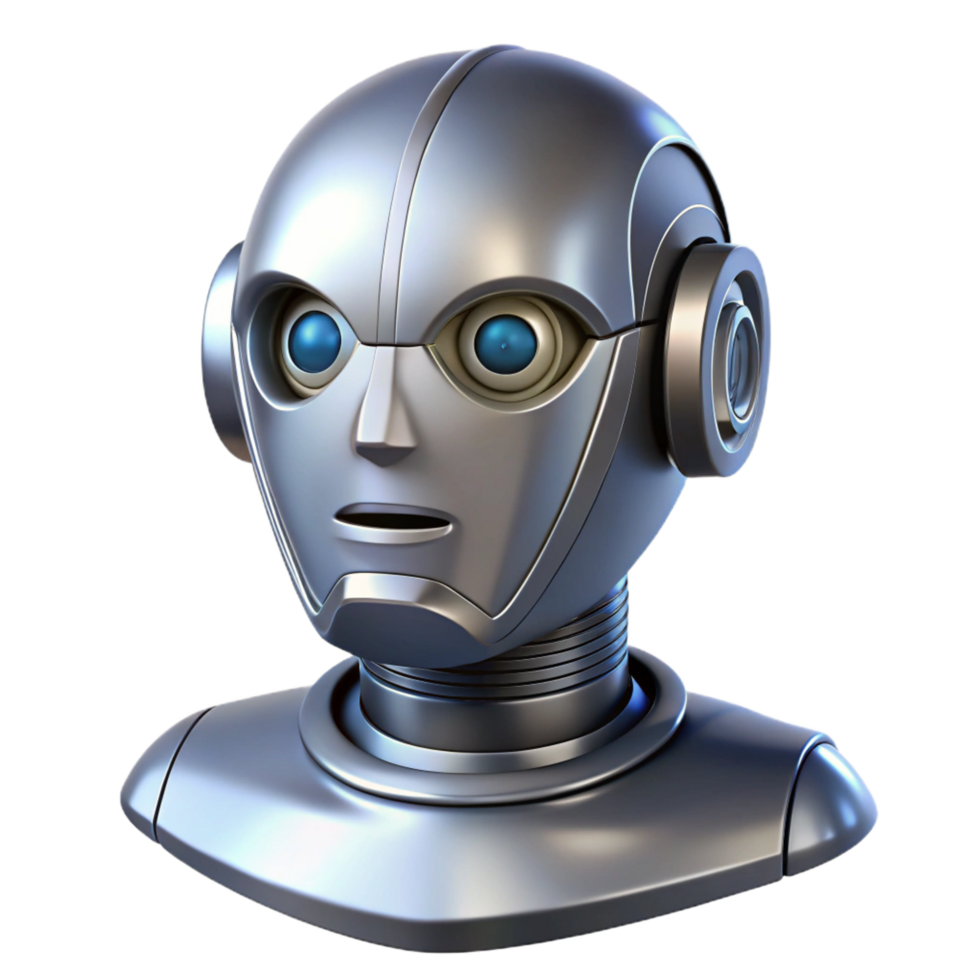sumptuous iconic Artificial intelligence robot head, metallic finish NO BACKGROUND with Transparent Background. png