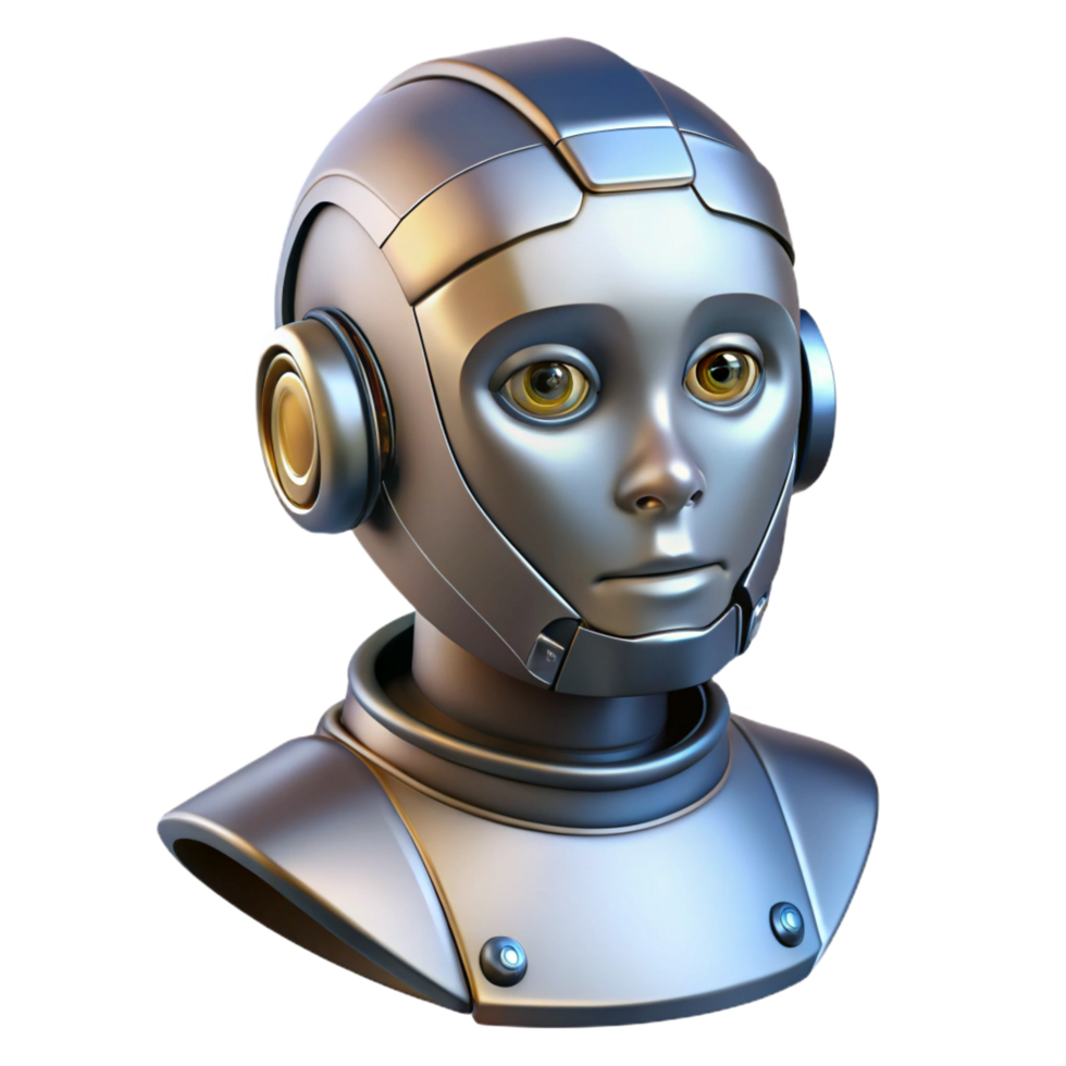 distinctive rustic Artificial intelligence robot head, metallic finish NO BACKGROUND with Transparent Background. high quality png