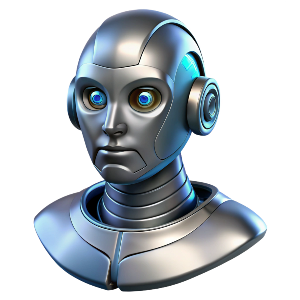 impressive retro Artificial intelligence robot head, metallic finish NO BACKGROUND with Transparent Background. premium png