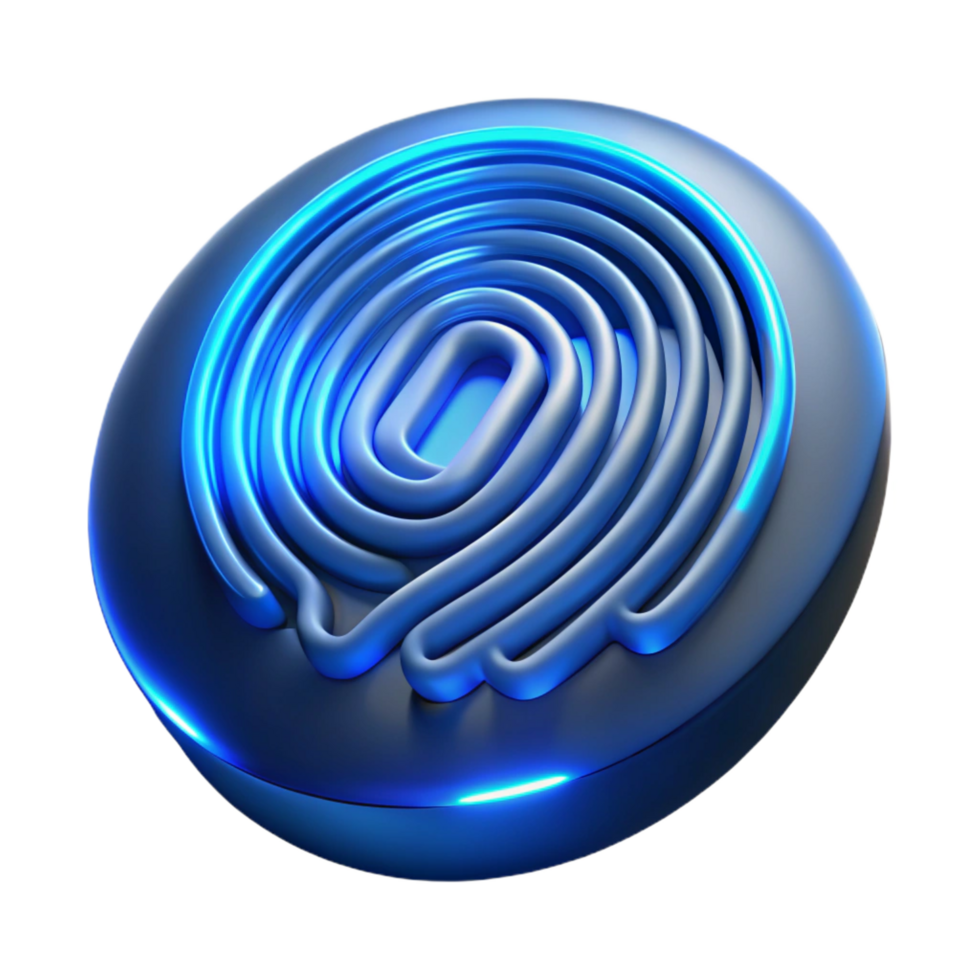 spectacular dynamic minimalist Biometric fingerprint scanner, glowing blue light NO BACKGROUND with Transparent Background. refined png