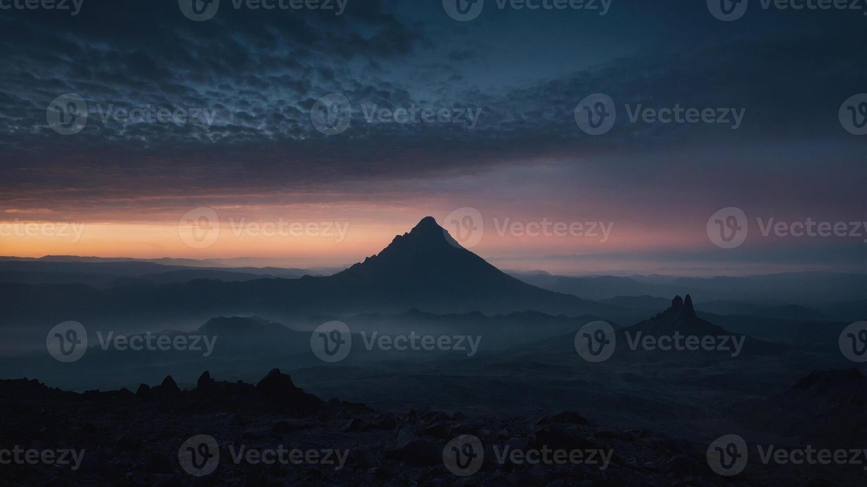 A serene mountain landscape at dawn, showcasing a peak against a colorful sky. photo