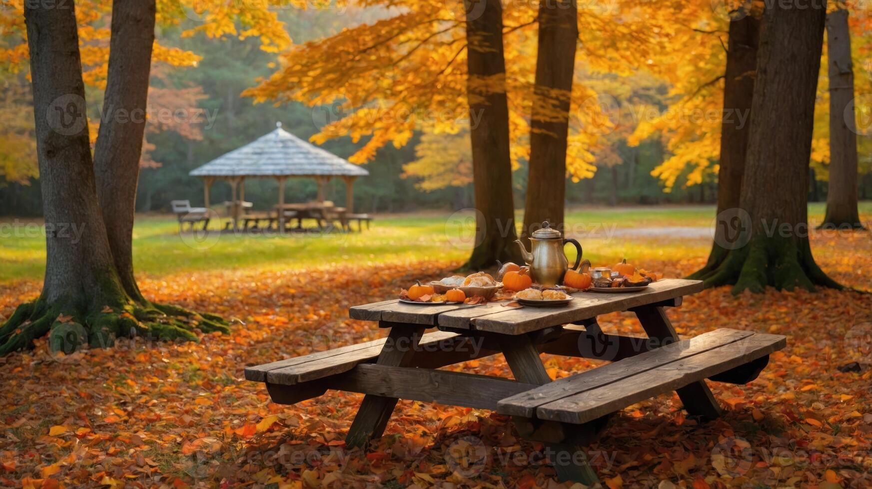 A picnic table adorned with food and drinks in a serene autumn setting. photo