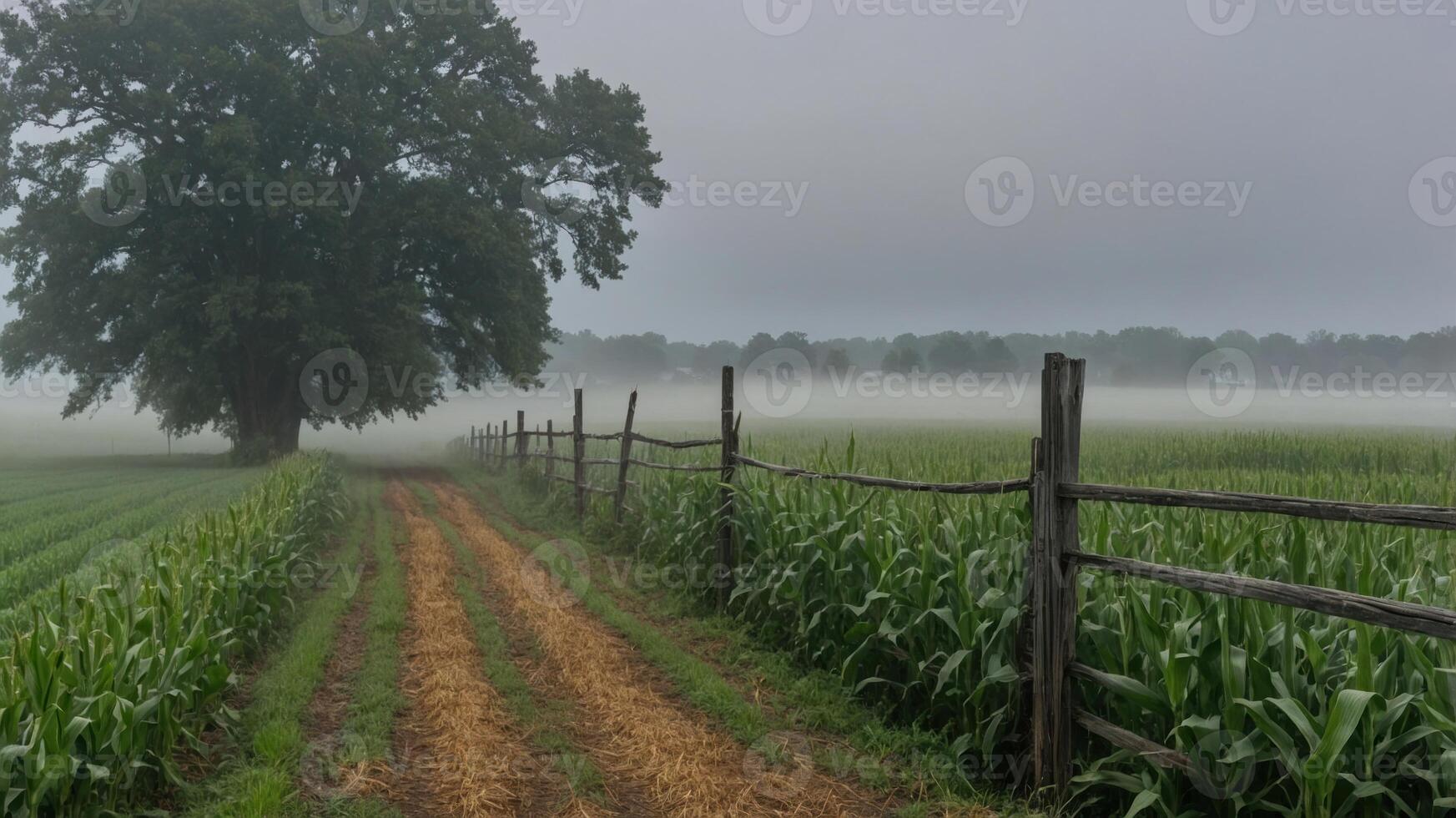 A serene foggy landscape featuring a dirt path, cornfield, and a large tree. photo