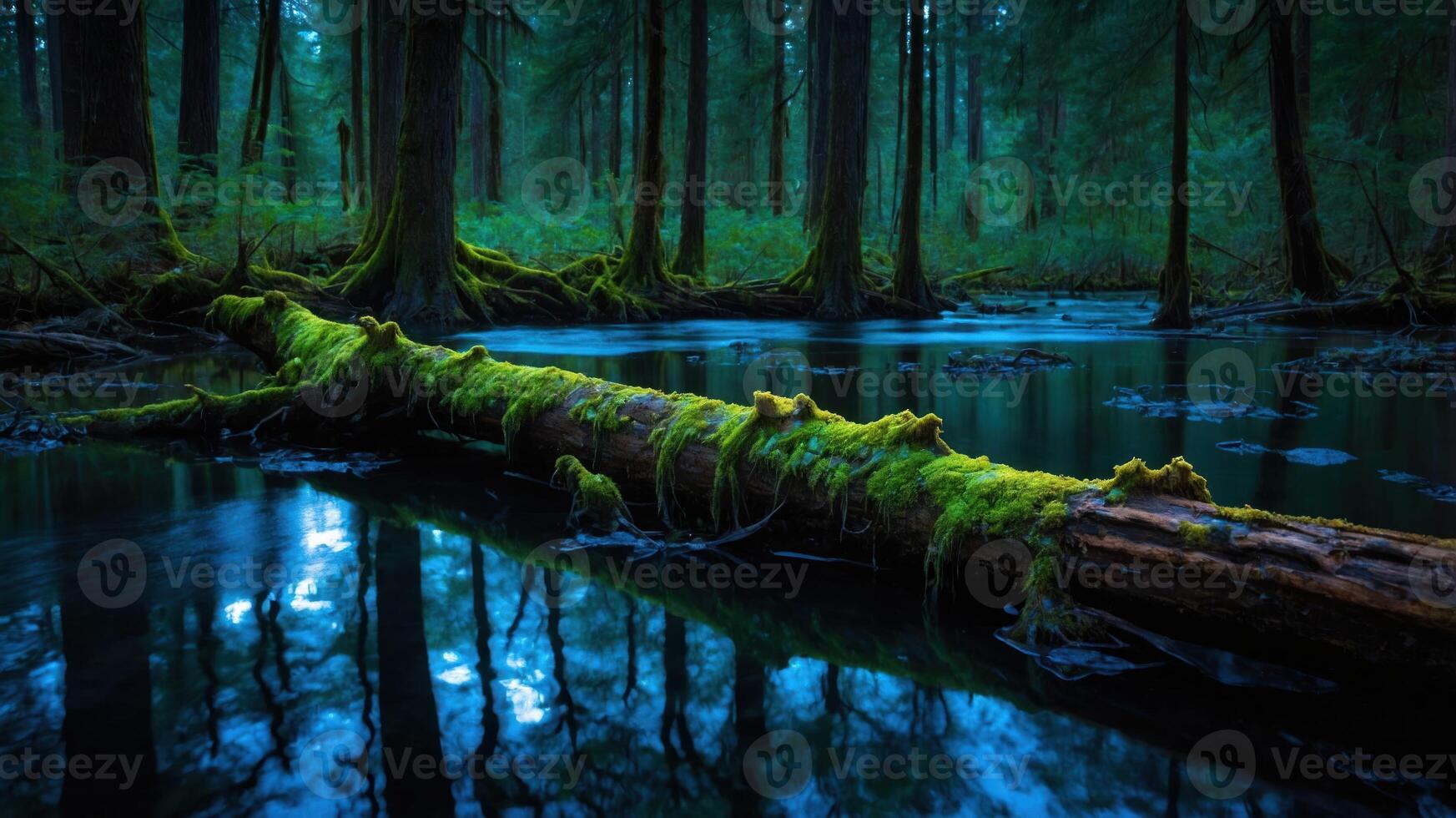 A serene forest scene featuring a moss-covered log in calm waters surrounded by trees. photo