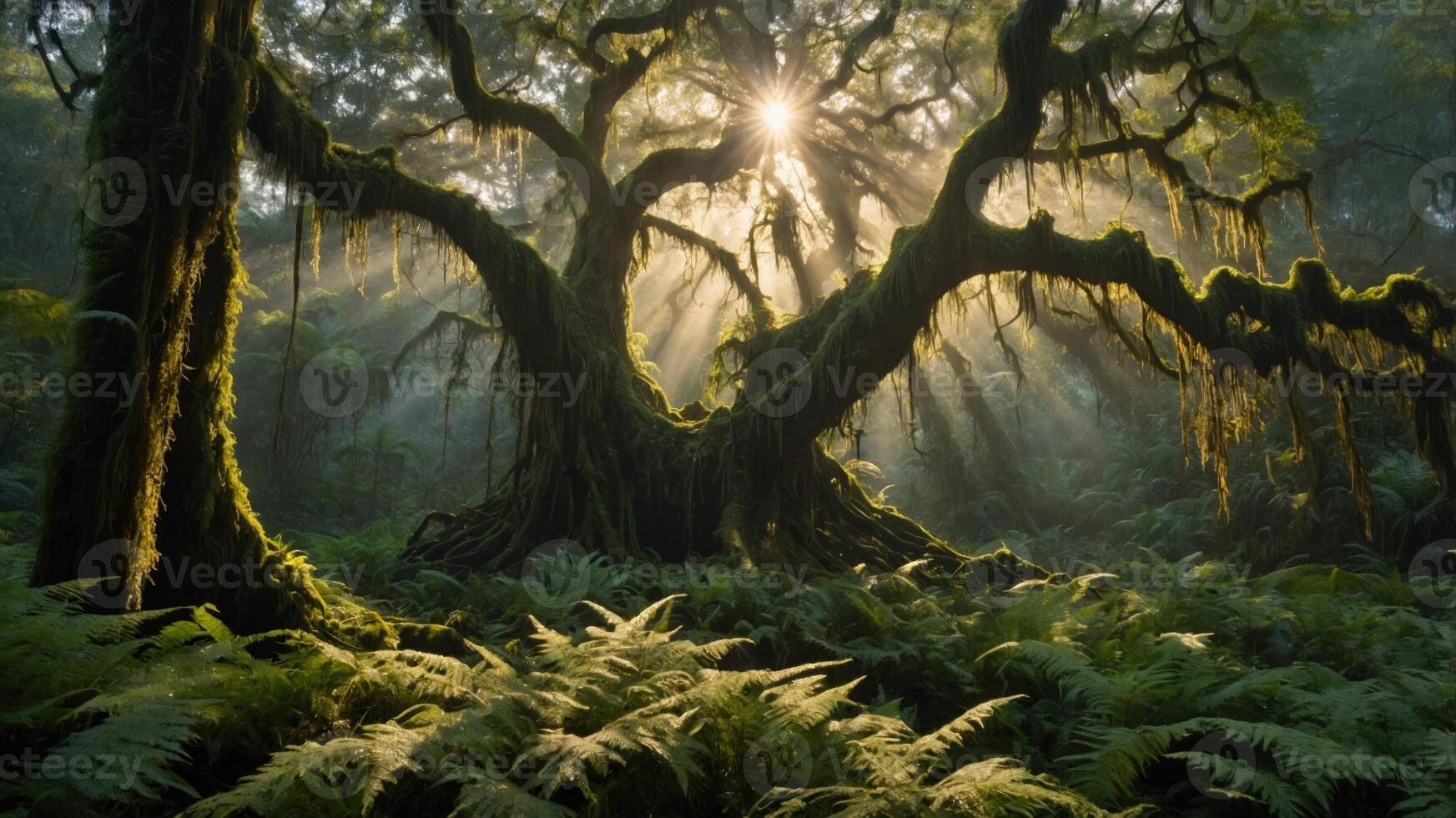 A majestic tree with sun rays filtering through, surrounded by lush ferns in a serene forest. photo