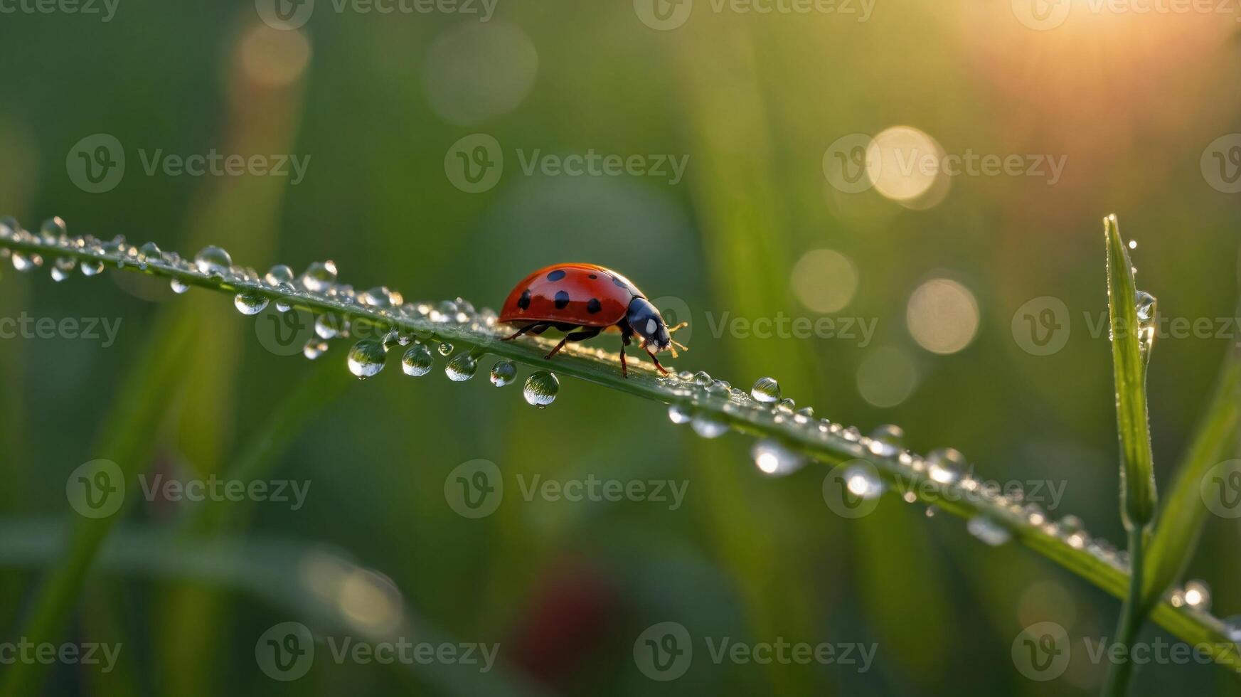 A ladybug perched on a dewy blade of grass, illuminated by soft sunlight. photo