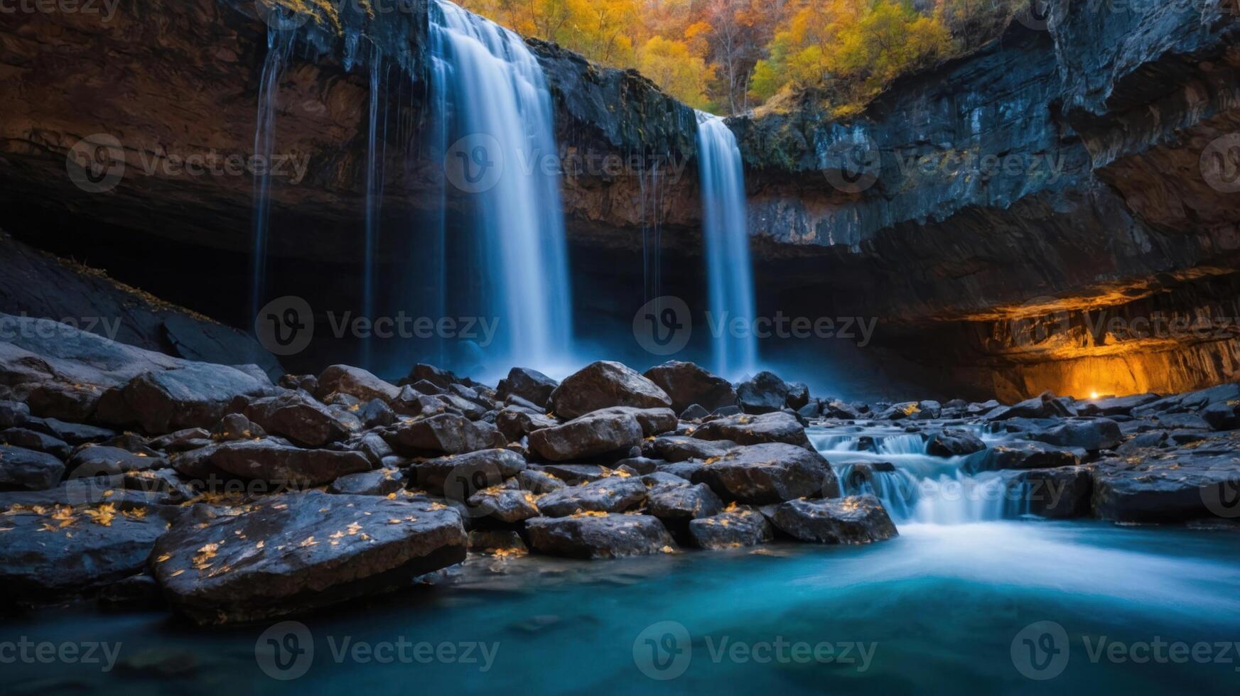 A serene waterfall cascading into a rocky pool, surrounded by autumn foliage. photo